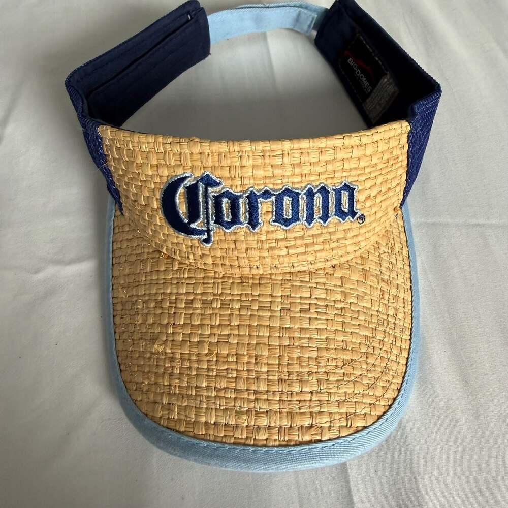 Corona Extra Beer Straw Sun Visor Hat Blue Mesh Hook & Loop